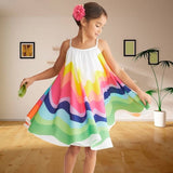 Winter Rainbow Long Sleeve Cotton Color Block Party Dress