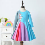 Winter Rainbow Long Sleeve Cotton Color Block Party Dress