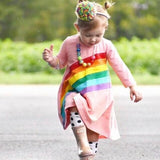 Winter Rainbow Long Sleeve Cotton Color Block Party Dress