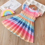 Winter Rainbow Long Sleeve Cotton Color Block Party Dress