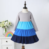 Winter Rainbow Long Sleeve Cotton Color Block Party Dress