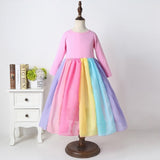 Winter Rainbow Long Sleeve Cotton Color Block Party Dress