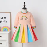 Winter Rainbow Long Sleeve Cotton Color Block Party Dress