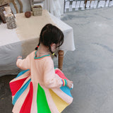 Winter Rainbow Long Sleeve Cotton Color Block Party Dress
