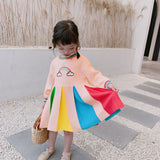 Winter Rainbow Long Sleeve Cotton Color Block Party Dress