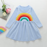 Winter Rainbow Long Sleeve Cotton Color Block Party Dress