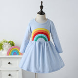 Winter Rainbow Long Sleeve Cotton Color Block Party Dress