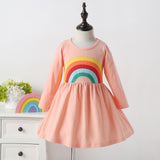 Winter Rainbow Long Sleeve Cotton Color Block Party Dress