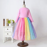 Winter Rainbow Long Sleeve Cotton Color Block Party Dress