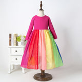 Winter Rainbow Long Sleeve Cotton Color Block Party Dress