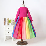 Winter Rainbow Long Sleeve Cotton Color Block Party Dress