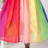 Winter Rainbow Long Sleeve Cotton Color Block Party Dress