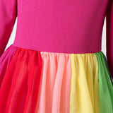 Winter Rainbow Long Sleeve Cotton Color Block Party Dress