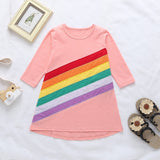 Winter Rainbow Long Sleeve Cotton Color Block Party Dress