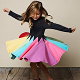 Winter Rainbow Long Sleeve Cotton Color Block Party Dress
