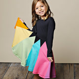 Winter Rainbow Long Sleeve Cotton Color Block Party Dress