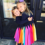 Winter Rainbow Long Sleeve Cotton Color Block Party Dress
