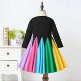 Winter Rainbow Long Sleeve Cotton Color Block Party Dress