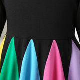 Winter Rainbow Long Sleeve Cotton Color Block Party Dress