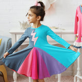 Winter Rainbow Long Sleeve Cotton Color Block Party Dress