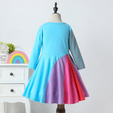 Winter Rainbow Long Sleeve Cotton Color Block Party Dress