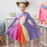Winter Rainbow Long Sleeve Cotton Color Block Party Dress