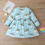 Winter Rainbow Long Sleeve Cotton Color Block Party Dress