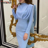 Women Dress Stand Collar Slim Waist Solid Ankle Length Autumn Long Sleeve Party Dress