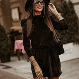 Sexy Women Mini Dress O Neck High Waist Long Sleeve