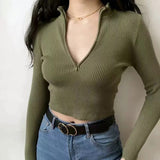 Aproms Elegant High Neck Zipper Front Knitted Sweater