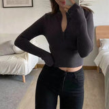 Aproms Elegant High Neck Zipper Front Knitted Sweater