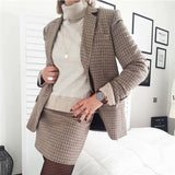 Women Plaid 2 Piece Set Blazer High Waist Skirt Office Lady