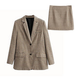 Women Plaid 2 Piece Set Blazer High Waist Skirt Office Lady