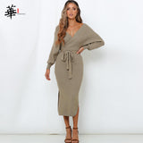 Sweater Dress Long Sleeve Winter Bandage Bodycon V-Neck