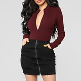 One-Piece Knitted Bodysuits Women Sexy Club Outfits V-Neck