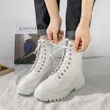 Rimocy White Black PU Leather Ankle Boots Round Toe