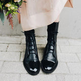 SHENGY Patent Leather British Style Flat Boots Black Pointed Toe