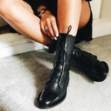 SHENGY Patent Leather British Style Flat Boots Black Pointed Toe