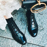 SHENGY Patent Leather British Style Flat Boots Black Pointed Toe