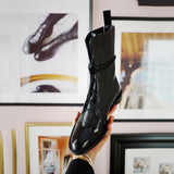 SHENGY Patent Leather British Style Flat Boots Black Pointed Toe
