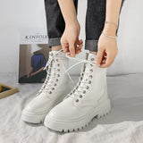 Rimocy White Black PU Leather Ankle Boots Round Toe