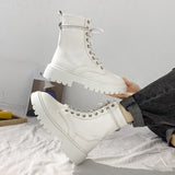 Rimocy White Black PU Leather Ankle Boots Round Toe