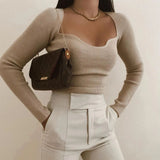 Women Long sleeve heart-neck Slim-fit Tight Knitted sweaters Pullover Tops