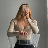 Women Long sleeve heart-neck Slim-fit Tight Knitted sweaters Pullover Tops