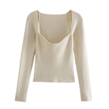 Women Long sleeve heart-neck Slim-fit Tight Knitted sweaters Pullover Tops