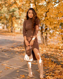 Women Long Sleeves High-Neck Elastic Midi Dress Knit Sweater Dress