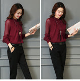 Chiffon Blouse Tops Long Sleeve Stand Neck Work Shirts
