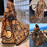 Elegant Sexy Boat Neck Glitter Deep V Neck Print Party Dress