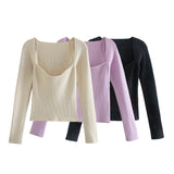 Women Long sleeve heart-neck Slim-fit Tight Knitted sweaters Pullover Tops