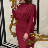 Women Dress Stand Collar Slim Waist Solid Ankle Length Autumn Long Sleeve Party Dress